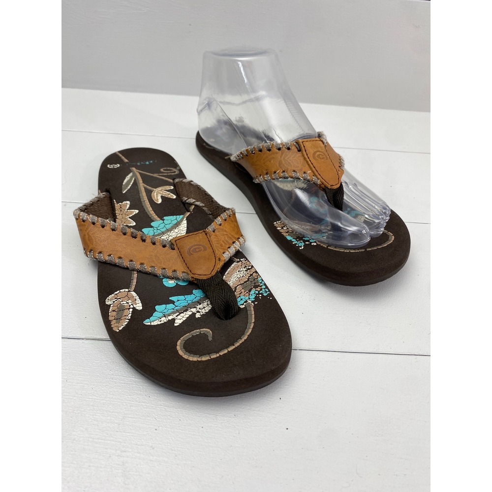 Y2K Cobian Floral Whipstitch Flip Flops Women USA 8 Brown Turquoise Sandals